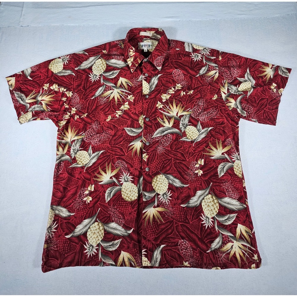 Campia Moda Hawaiian Shirt Mens XL Red Pineapple Tropical Cotton Button Down‎
